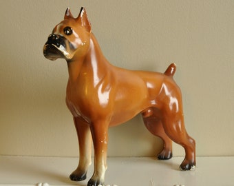 Vintage Hard Plastic Boxer Dog Figurine 8" Tall 1950s Toy Figure Brown Fur