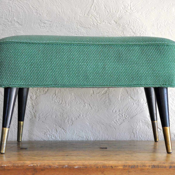 Vintage Mid Century 1950s Rectangular Upholstered Ottoman Bench  Footstool Green Woven Loop Fabric Atomic Black Gold Tapered Legs