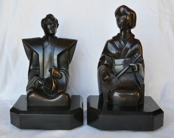 Vintage Pair of Art Deco Cubist Bronze on Marble Bookends by Pierre Ernest Bouret Modernist Replica Man Woman Very Heavy Cast Sculpture Art