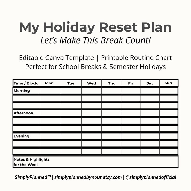 Editable Kids' Holiday Routine Chart | Printable School Break Timetable ...