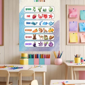 Póster de acuarela para niños | Imprimible educativo A4 | Descargar PDF | Colores del arcoíris con lindas ilustraciones