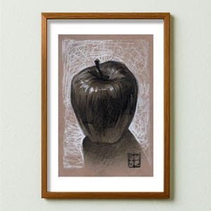 Petite pomme au fusain dessin sur papier kraft - décoration de maison et de bureau - cadeau d'art mural unique et fait main