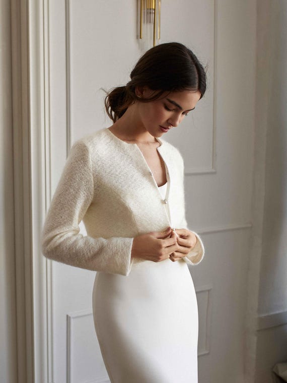 Wedding Cardigan Ivory Bridal Top Wool Bridal Jacket Wedding Dress Bolero Off-White Cover Up Cropped Sweater Mohair Winter Coat for Bride