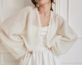 Wedding Dress Topper Wedding Gown Topper Bridal Cover up Pearl Bolero Bridal Separate Ivory Dress Cardigan Puff Sleeve Shrug Warm Wool Stole