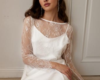 Wedding Dress Topper Bolero Jacket Separates Bridal Crop Top Long Sleeve Cover Up White Bridal Dress Top Organza Blouse Bridal Lace Bolero