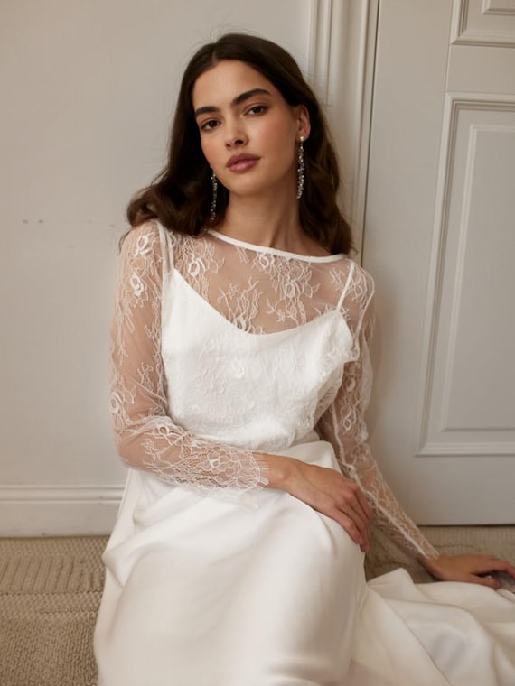 open lace back dress Boat Neck Ivory Lace Bolero Wedding Dress Topper, X-Large