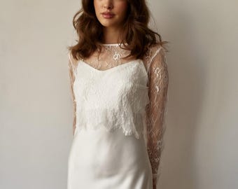 Bridal Lace Top Floral Transparent Wedding Bolero Separated Lace Cover Up Ceremony and Party Bolero for Bridal Skirt Sheer Longsleeve Topper