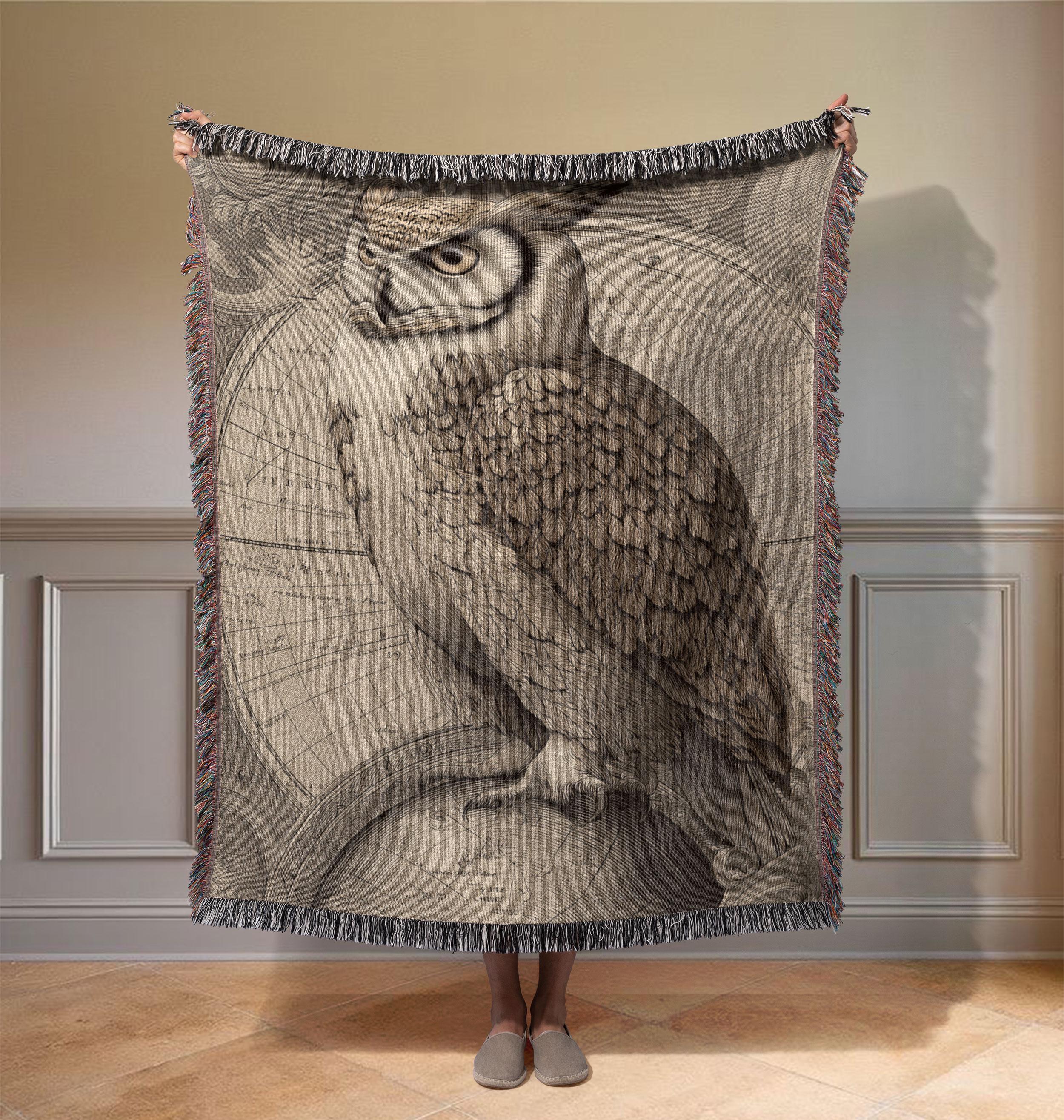 Vintage Owl 100% Cotton Woven Blanket, Antique Great Horned Owl & World Map Throw Blanket, Uniqu