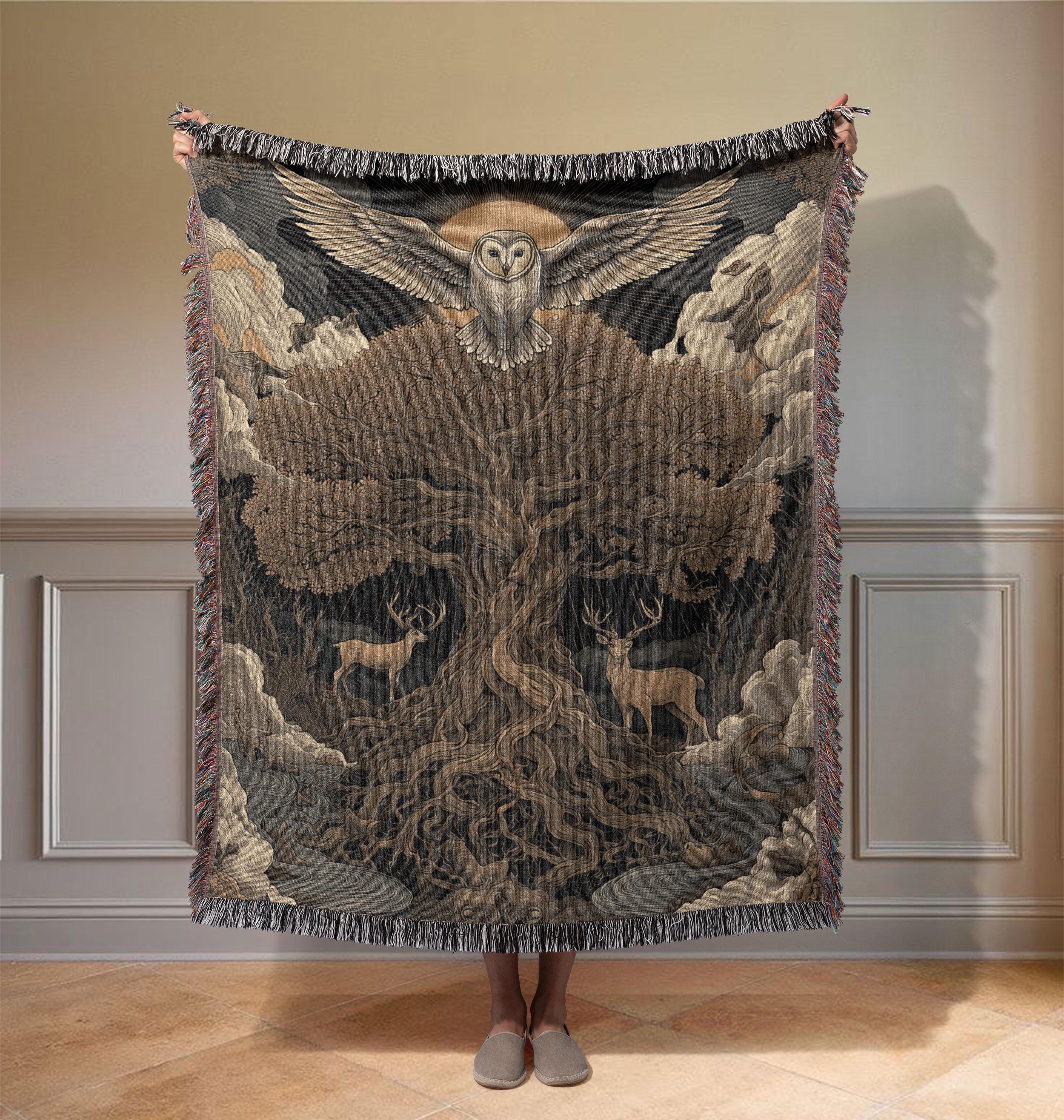 Mystical Forest Owl 100% Cotton Woven Blanket, Tree Of Life Deer, Woodland Nature Tapestry, Cottagec
