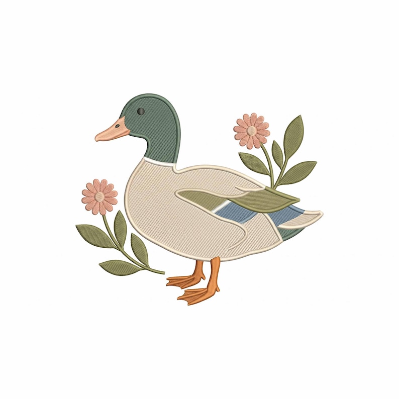 May include: An embroidered design of a duck with a green head, beige body, and blue wing accents. The duck is surrounded by pink flowers and green leaves. The design is on a white background.