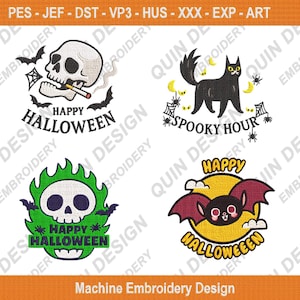 Halloween Embroidery Design: Skull, Cat, Bat - Spooky (Digital Download)