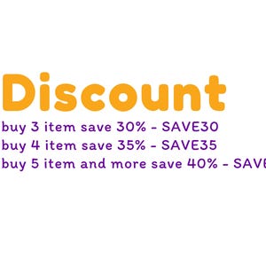 May include: A white background with the word "Discount" in orange, bubble letters. Below, text details savings: buy 3 items save 30%, buy 4 items save 35%, and buy 5 or more items save 40%.