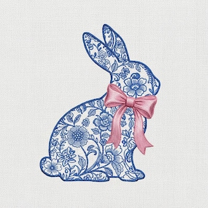 May include: A blue and white floral bunny design with a pink bow. The bunny is filled with a detailed floral pattern, and the bow is tied around its neck. The design is set against a white background.
