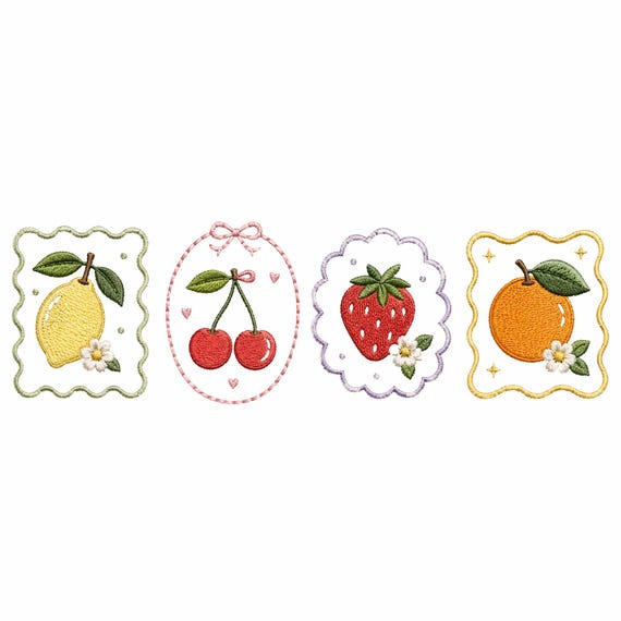 Fruit Stamp Embroidery Bundle, Lemon Cherry Strawberry Orange Design Set