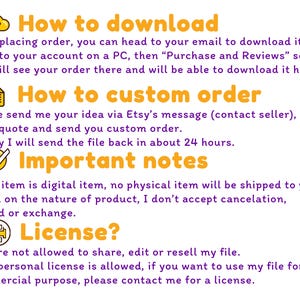 May include: A white background with text in a purple font. The text includes instructions on how to download and custom order, along with important notes about digital items and licensing.