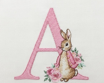 Custom Easter Alphabet Embroidery Design with Bunny Face Pink Bow and Letter A, Cute Rabbit Monogram Digital File for Machine Embroidery