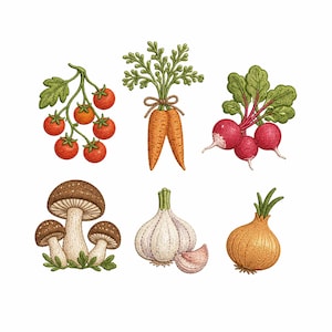 May include: An illustration of various vegetables on a white background. The image includes tomatoes, carrots, radishes, mushrooms, garlic, and an onion. The vegetables are rendered in a detailed, colorful style.