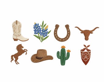 Paquete de bordado western, archivo de bordado a máquina con iconos de botas, sombreros, cactus y rodeo