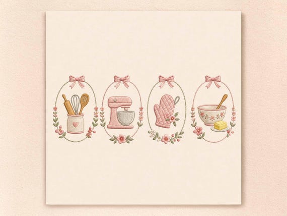 Coquette Baking Embroidery Bundle, Kitchen Utensil Machine Embroidery Designs, Pink Cottagecore Baking File