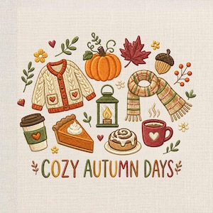 Disegno per ricamo "Accoglienti giornate autunnali", file per ricamo "Autunno accogliente", schema per ricamo "Macchina del caffè con maglione a zucca", design "Atmosfera autunnale"