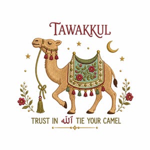 May include: An embroidery design featuring a tan camel with a decorative saddle adorned with red flowers and green leaves. The text TAWAKKUL appears above, and TRUST IN [Arabic script] TIE YOUR CAMEL appears below, surrounded by stars, a crescent moon, and floral sprigs.