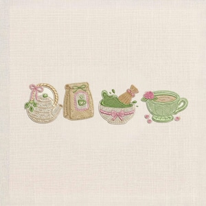 May include: An embroidered design featuring tea-related items. Includes a teapot, a bag of tea, a bowl with matcha and whisk, and a teacup with a rose. The items are in soft, pastel colors with delicate details.