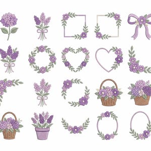 May include: A collection of purple floral illustrations, including bouquets, wreaths, frames, and baskets. The designs feature various flower arrangements with green leaves and are set against a white background. The illustrations are in a hand-drawn style.