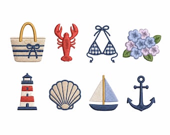 Paquete de bordado de verano costero, conjunto de archivos de bordado a máquina con iconos náuticos de playa
