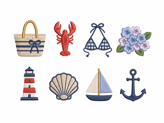 Coastal Summer Embroidery Bundle, Beach Nautical Icons Machine Embroidery File Set