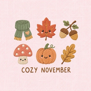 Gezellig borduurontwerp november, schattig herfstborduurbestand, bundel herfstpompoen en paddestoelen