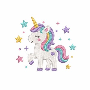 May include: Embroidered design of a white unicorn with a golden horn, rainbow mane and tail, and a heart on its flank. Surrounding the unicorn are colorful stars and dots, creating a whimsical and magical theme.