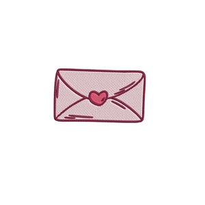 May include: A light pink envelope with a dark pink outline and a heart-shaped seal. The envelope is rectangular and appears to be embroidered. The heart is centered on the envelope's flap.