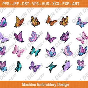 Könnte beinhalten: Eine Sammlung farbenfroher Schmetterlingsstickereien. Jeder Schmetterling hat einzigartige Farbkombinationen, darunter Rosa, Blau, Orange und Lila. Das Bild enthält unten den Text "Machine Embroidery Design".