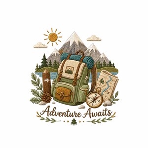 Adventure Awaits Embroidery Design, Hiking Backpack Embroidery File, Mountain Adventure Machine Embroidery