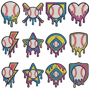 Op de afbeelding: Een verzameling honkbal-thema patches met een uniek, druipend ontwerp. Elke patch heeft een honkbal met rode stiksels, geaccentueerd door levendige kleuren zoals blauw, geel en roze. De ontwerpen omvatten een honkbal, knuppels, een hart, een ster en een bliksem.