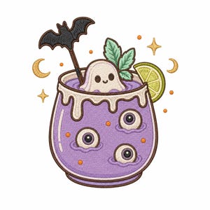 May include: An embroidered patch design featuring a purple cocktail in a glass with three eyeballs floating inside. A small white ghost sits on top, accompanied by a black bat garnish, a lime wedge, and green mint leaves. The rim has white icing.