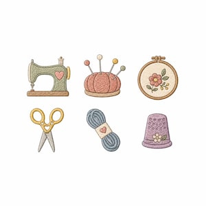 May include: A collection of embroidered sewing-themed icons on a white background. Includes a green sewing machine with a heart, a pink pincushion with pins, a floral embroidery hoop, gold scissors, blue yarn, and a purple thimble.