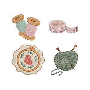 May include: An embroidered design featuring sewing and knitting elements. Includes two spools of thread, a pink measuring tape, a heart-shaped embroidery hoop, and a ball of yarn with knitting needles.
