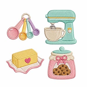 May include: A collection of embroidered kitchen-themed designs. Includes measuring spoons, a stand mixer, a stick of butter with a heart, and a jar of cookies. The color palette features pastel pink, yellow, blue, and green.