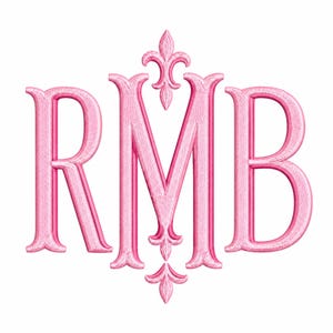 May include: A light pink embroidered monogram featuring the letters RMB in a serif font. The design includes a vertical decorative fleur-de-lis element centered between the letters, creating a symmetrical and ornate stitched textile graphic.