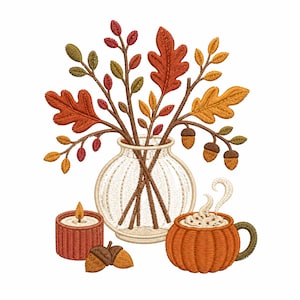 May include: An embroidery design featuring a clear ribbed vase filled with autumn leaves and acorns, a lit candle in a ribbed orange holder, and a pumpkin-shaped mug with a steaming beverage, all rendered in warm seasonal colors and textures.