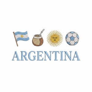 Puede incluir: Un diseño de bordado que presenta la bandera de Argentina, un mate marrón con una bombilla de metal, un sol dorado con rostro y un balón de fútbol azul y blanco. La palabra ARGENTINA está bordada en letras mayúsculas de color azul claro.