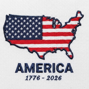 May include: Embroidered patch in the shape of the United States, with the American flag design. The patch features the word "AMERICA" in navy blue, and the years "1776-2026". The design is set against a white background.
