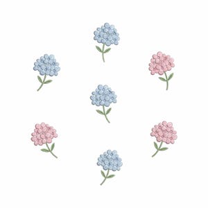 May include: Seven embroidered hydrangea flowers in a circular arrangement on a white background. The flowers alternate between light blue and pink, each with a green stem and leaves. The design is simple and delicate.