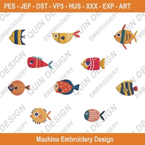 Könnte beinhalten: Eine Sammlung von neun farbenfrohen Fischdesigns im Cartoon-Stil für Maschinenstickerei. Jeder Fisch hat einzigartige Muster und Farben, darunter Gelb, Blau, Rot und Orange. Der Text "Machine Embroidery Design" befindet sich unten.