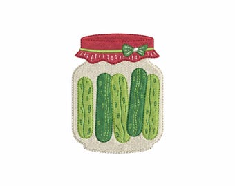 Bordado de tarro de pepinillos / Lindos pepinillos, tarro con tapa roja, divertido diseño de cocina / Archivo de bordado digital para máquina