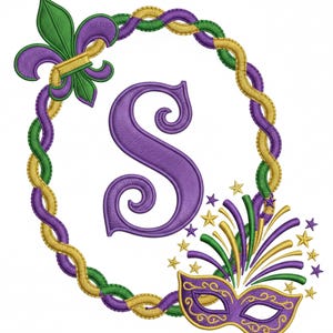 May include: A purple letter "S" is the focal point of this design, surrounded by a braided gold, green, and purple border. A fleur-de-lis and a masquerade mask with fireworks complete the Mardi Gras theme.
