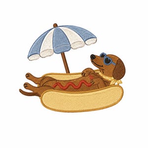 May include: An embroidered design featuring a dachshund dog relaxing in a hot dog bun under a blue and white striped umbrella. The dog wears heart-shaped sunglasses and a yellow scarf, with a red zigzag of ketchup.