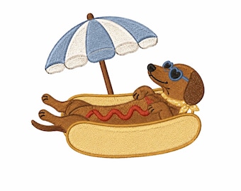Dachshund Hot Dog Machine Embroidery Design, Funny Wiener Dog Beach Vacation, Cute Puppy Summer Embroidery File