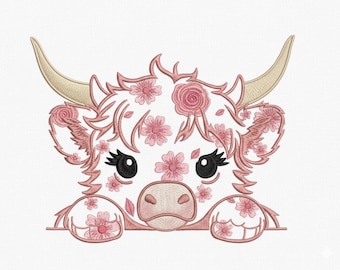 Floral Highland Cow Valentine Embroidery File – Cute Romantic Cow with Pink Flowers Digital Design – Machine Embroidery Download for Gifts